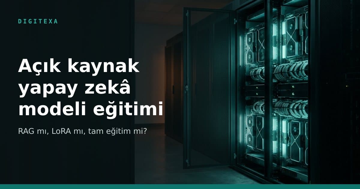 Karanlık bir sunucu odasında turkuaz ışıkla aydınlanan açık kapaklı GPU sunucu rafı