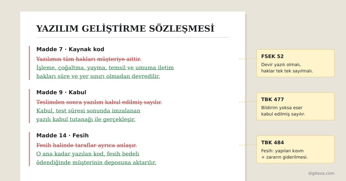 Değişiklik izlemeli bir sözleşme sayfası: kaynak kod, kabul testi ve fesih maddelerinde kırmızı çizgiyle silinmiş belirsiz ifadelerin yerine yeşil renkle eklenmiş net maddeler ve kenarda FSEK 52, TBK 477 ve KVKK 12 notları