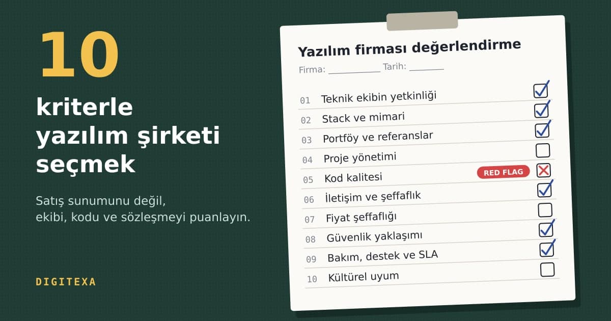 Yazılım firması değerlendirme formu: teknik ekipten kültürel uyuma 10 kriter, işaretli kutular ve kod kalitesinde bir red flag