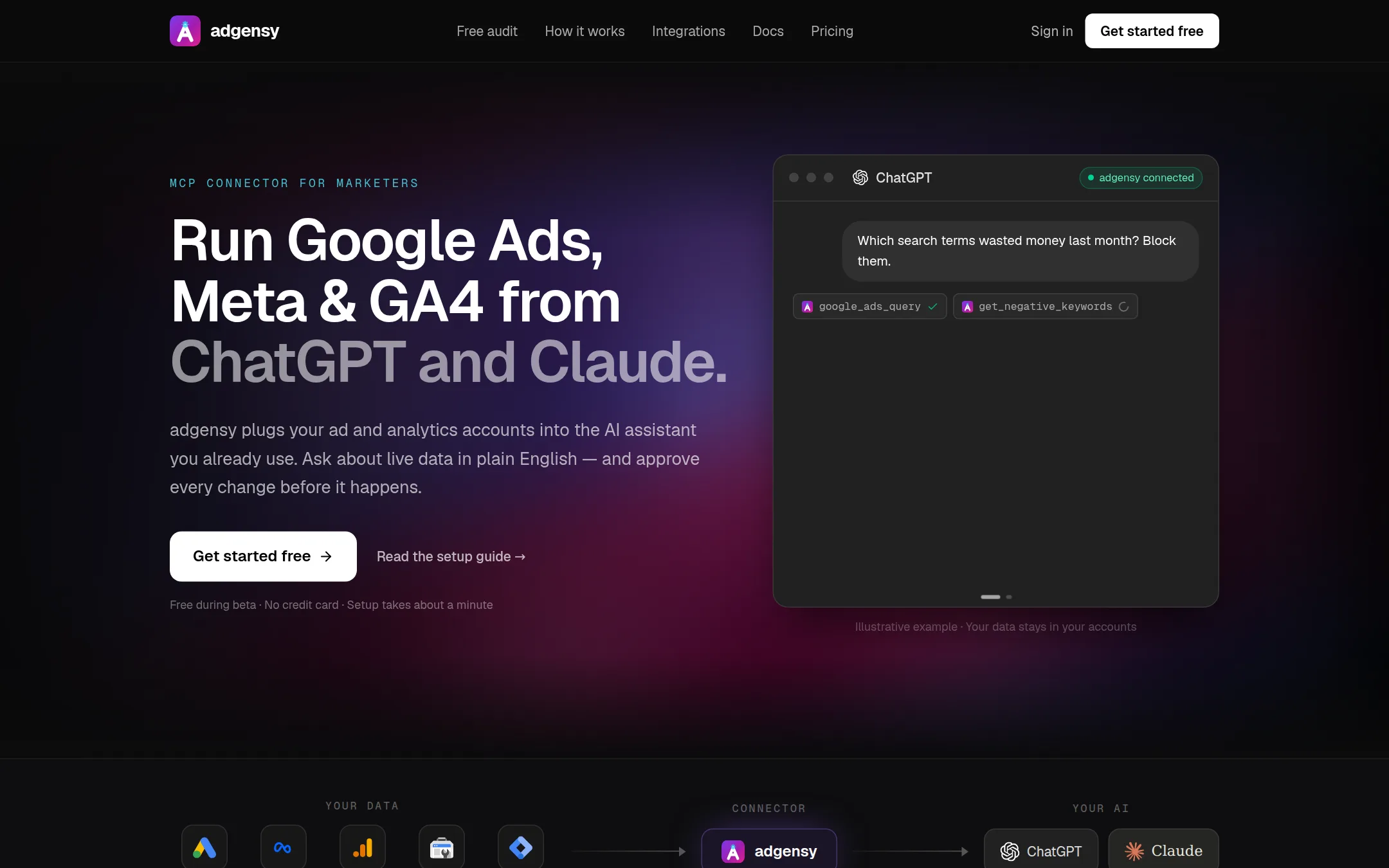 adgensy ana sayfası: Google Ads, Meta ve GA4'ü ChatGPT ve Claude'dan yönetin